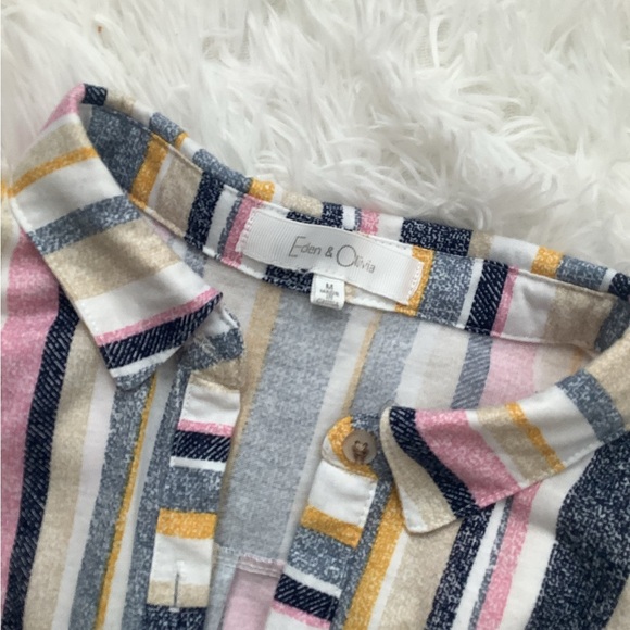 EUC Eden and Olivia Striped Pastel Button Down Tie Front Top M - Picture 2 of 5